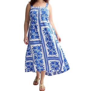 Sonoma Women's Plus Maxi Dress 1X Blue White Floral Sleeveless Smocked ALine NWT